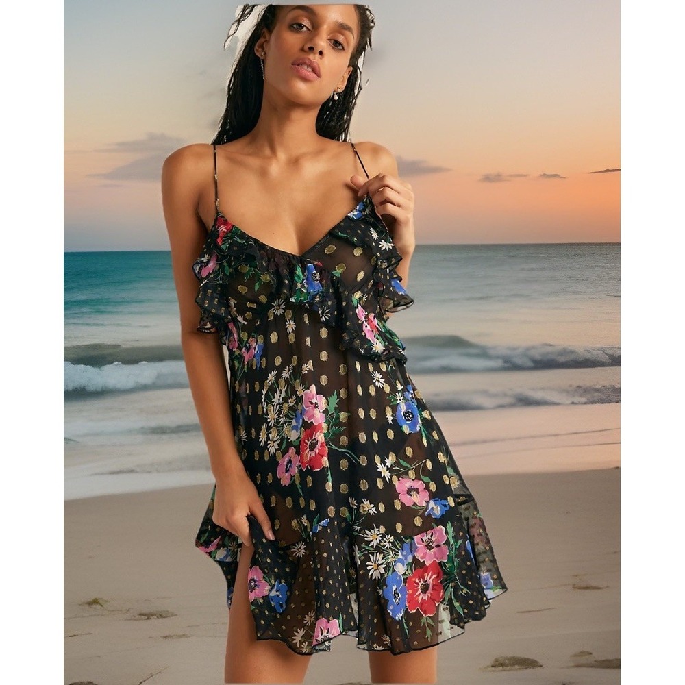 NWT Free People One Rosalie Stunning Black Mini Ruffle Slip Dress $128 XS 2/4